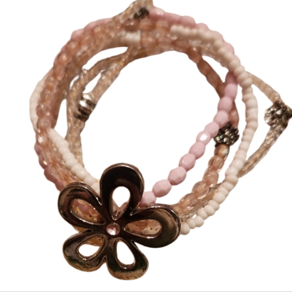 Pink White Silver Vintage Multi Strand Daisy Silver Bracelet